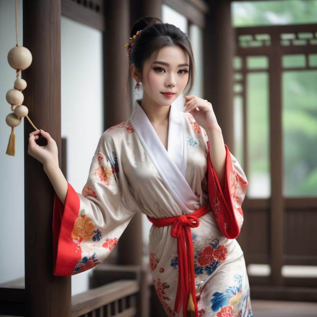 A stunning image of asian beauty, playful and alluring in traditional robe.