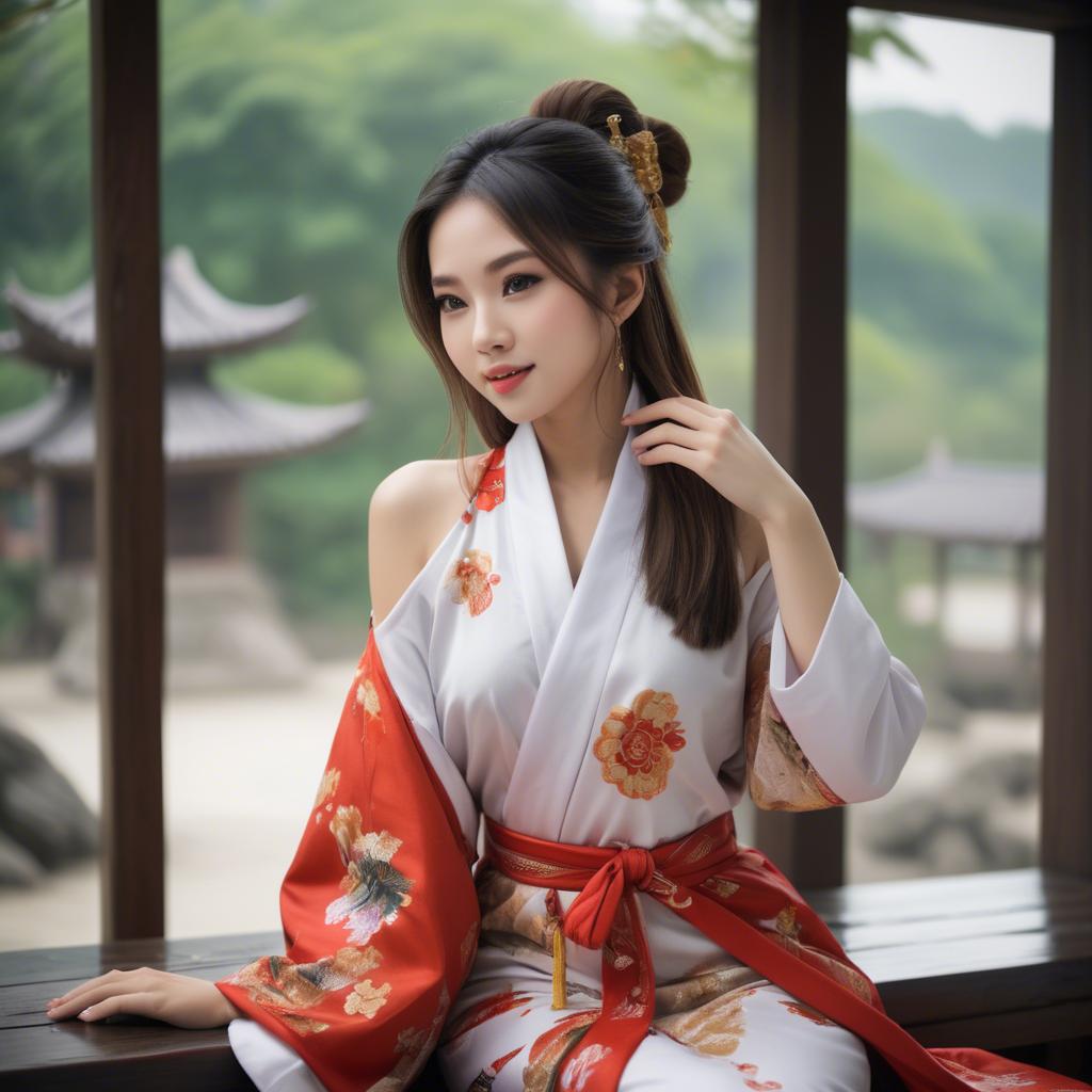 A stunning image of asian beauty, playful and alluring in traditional robe.