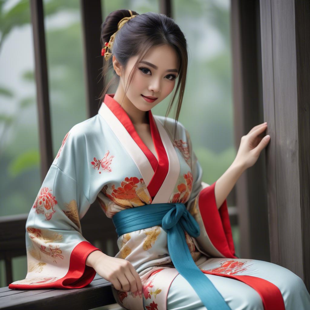 A stunning image of asian beauty, playful and alluring in traditional robe.