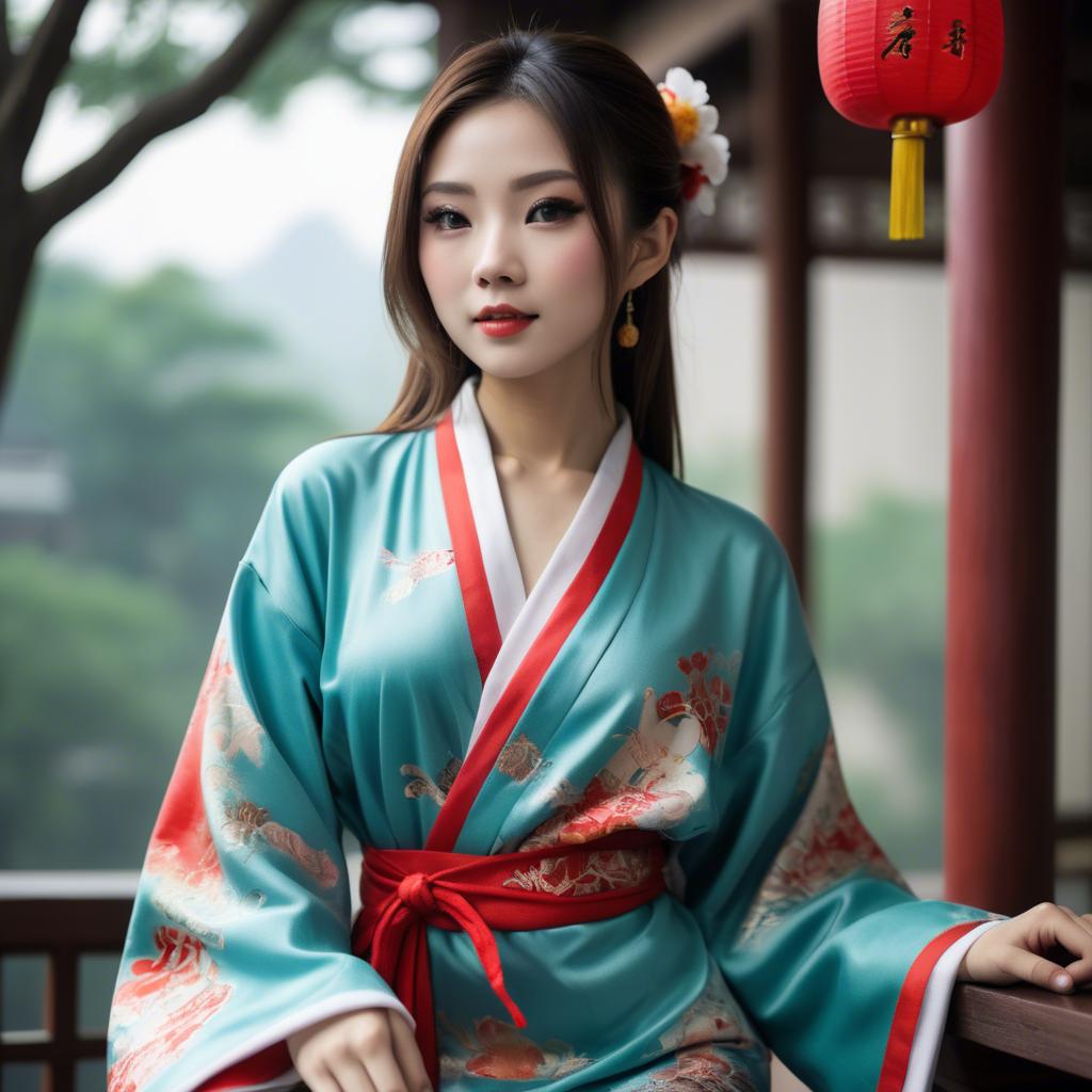 A stunning image of asian beauty, playful and alluring in traditional robe.