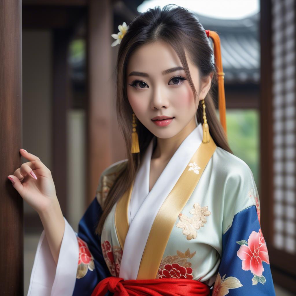 A stunning image of asian beauty, playful and alluring in traditional robe.