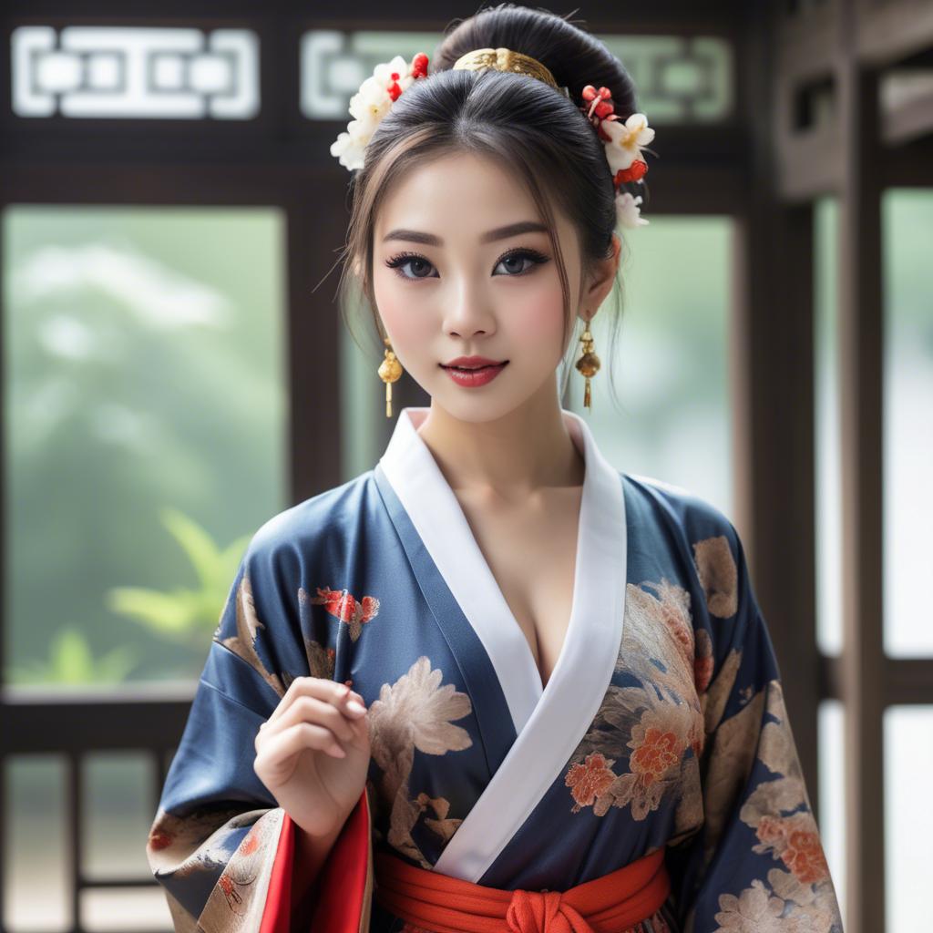A stunning image of asian beauty, playful and alluring in traditional robe.