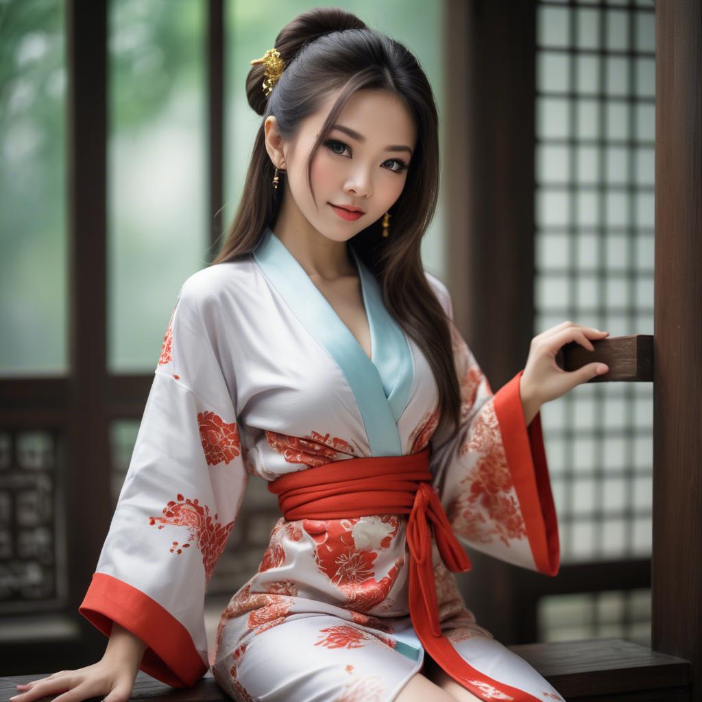 A stunning image of asian beauty, playful and alluring in traditional robe.