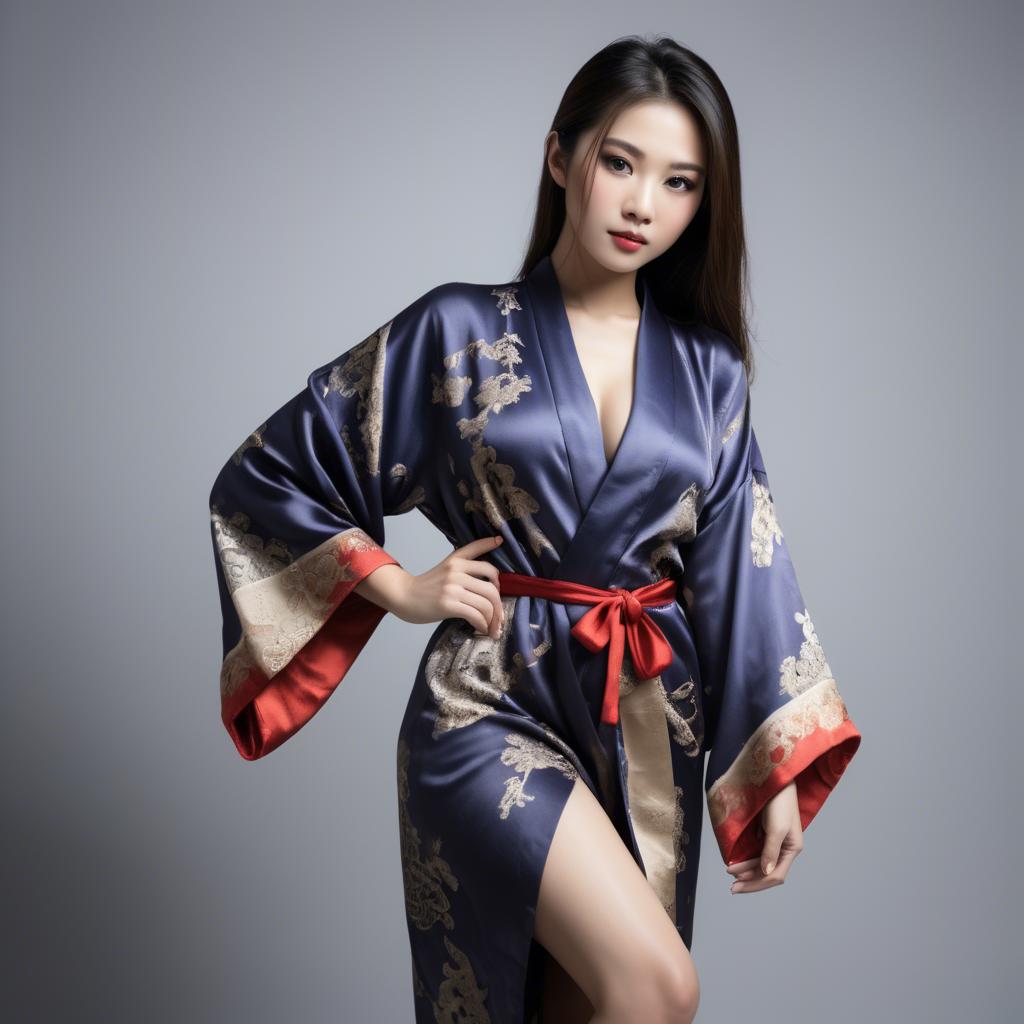 A stunning image of asian beauty, seductive pose in traditional silk robe.
