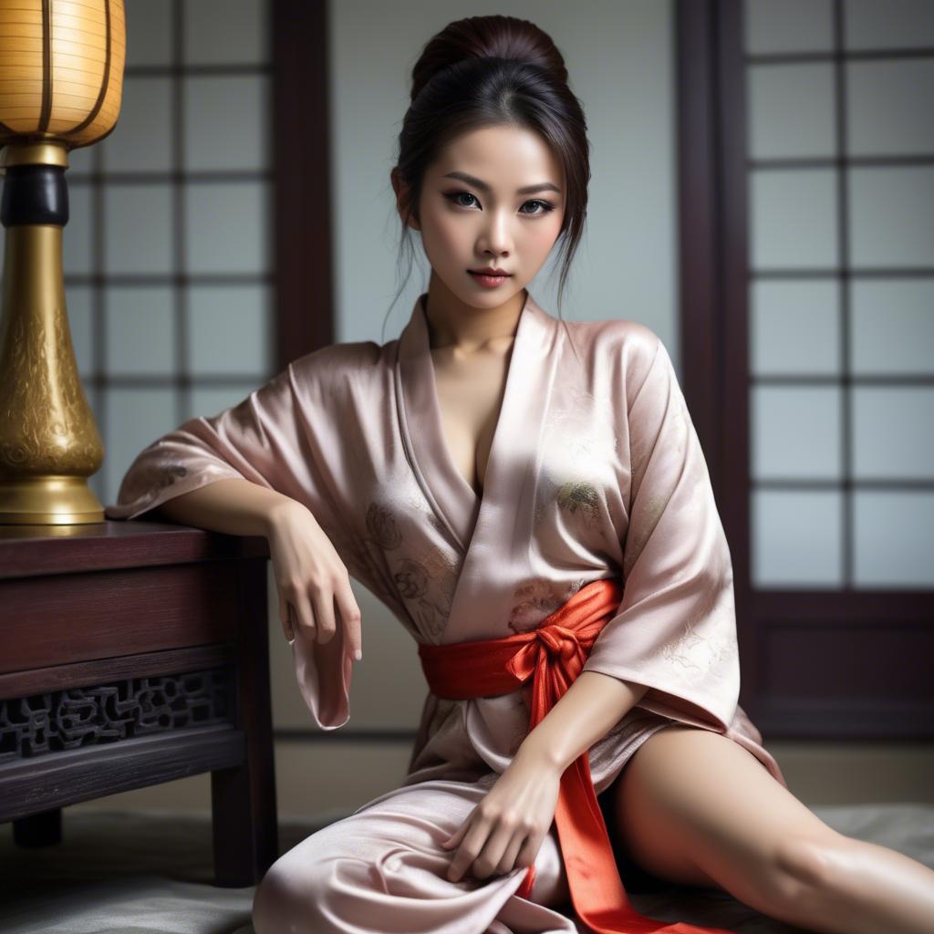 A stunning image of asian beauty, seductive pose in traditional silk robe.