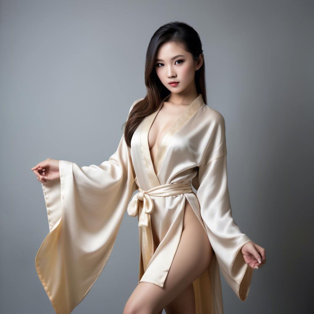 A stunning image of asian beauty, seductive pose in traditional silk robe.