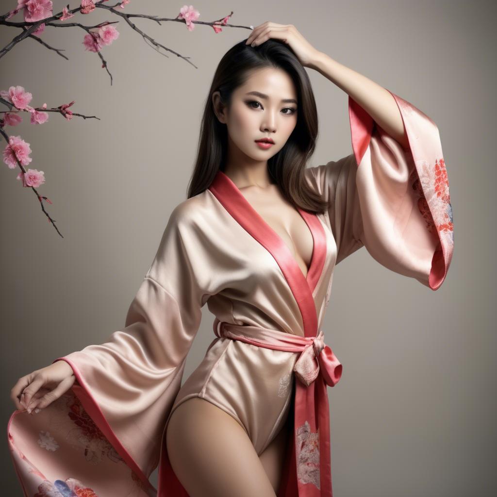 A stunning image of asian beauty, seductive pose in traditional silk robe.
