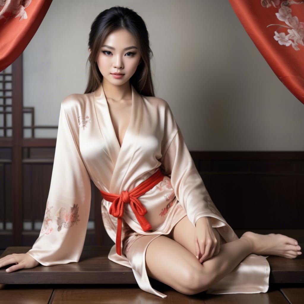 A stunning image of asian beauty, seductive pose in traditional silk robe.