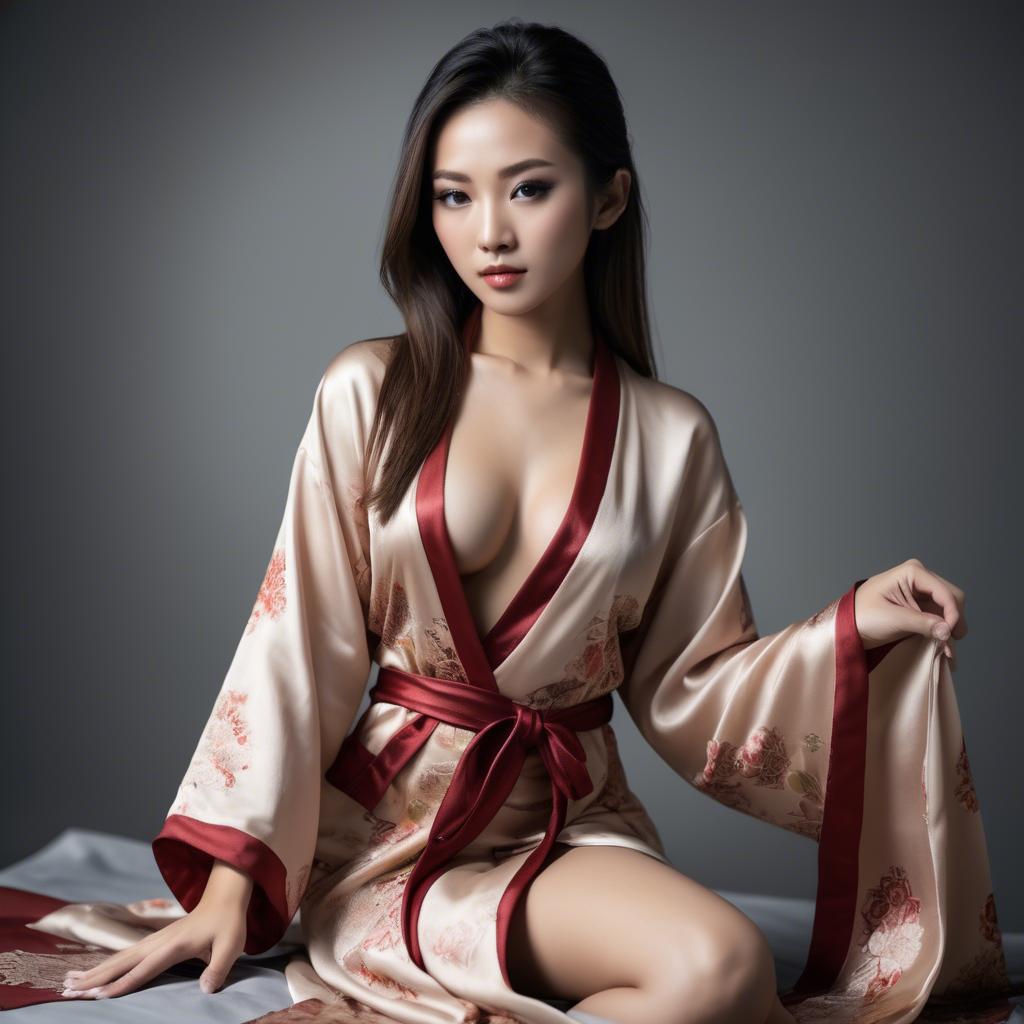 A stunning image of asian beauty, seductive pose in traditional silk robe.