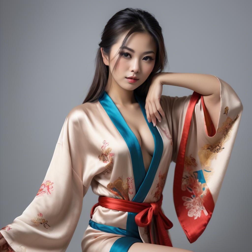 A stunning image of asian beauty, seductive pose in traditional silk robe.