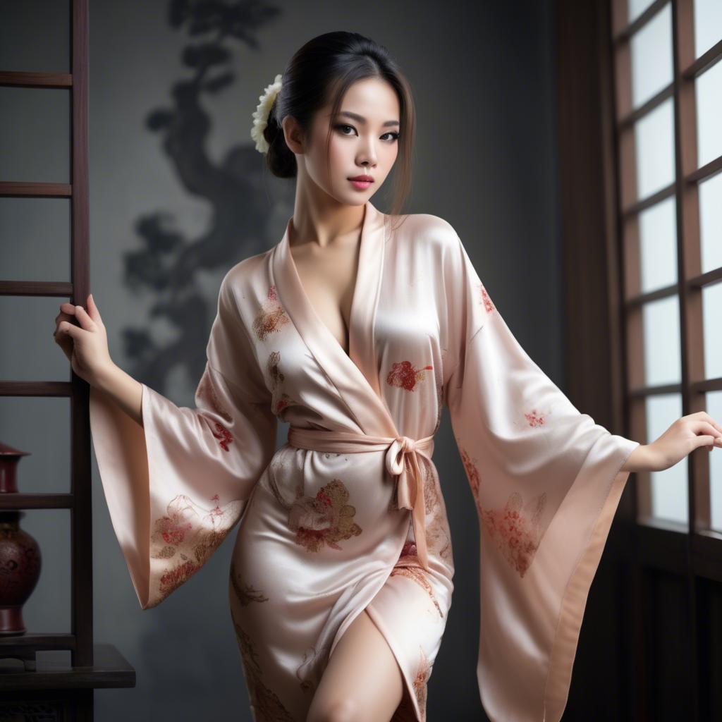 A stunning image of asian beauty, seductive pose in traditional silk robe.