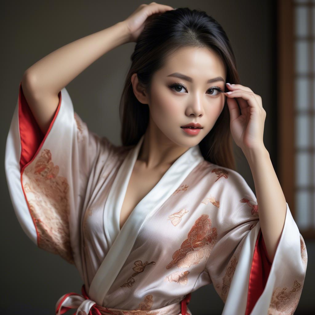 A stunning image of asian beauty, seductive pose in traditional silk robe.