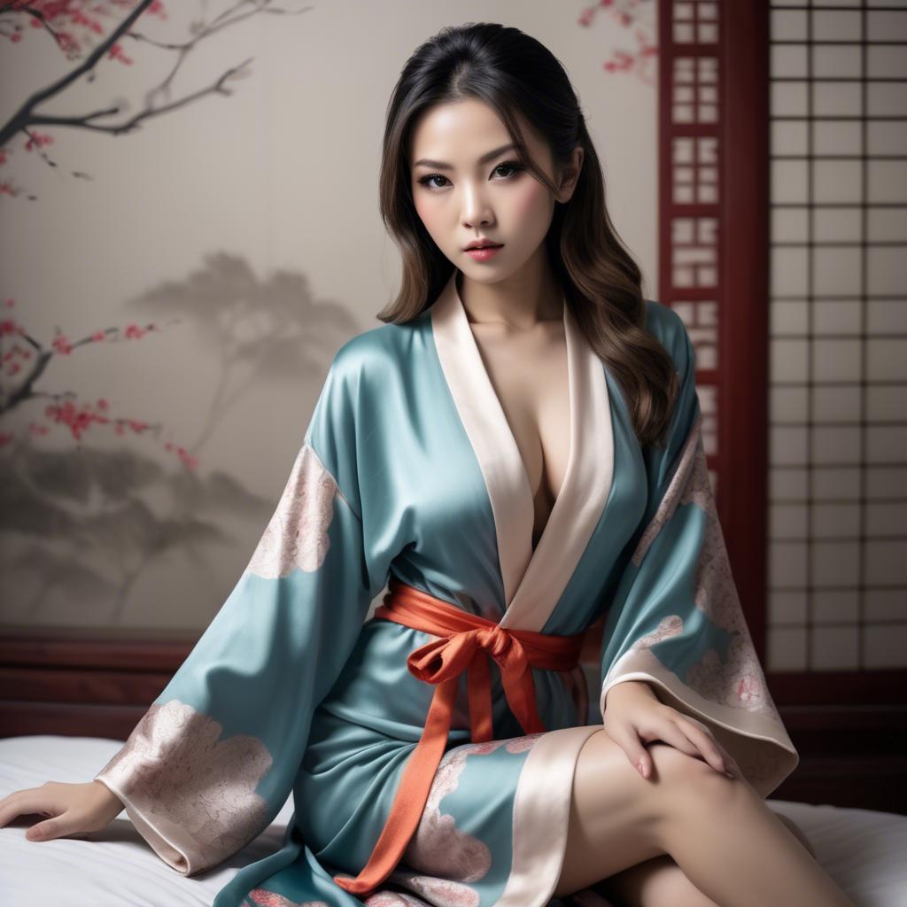 A stunning image of asian beauty, seductive pose in traditional silk robe.