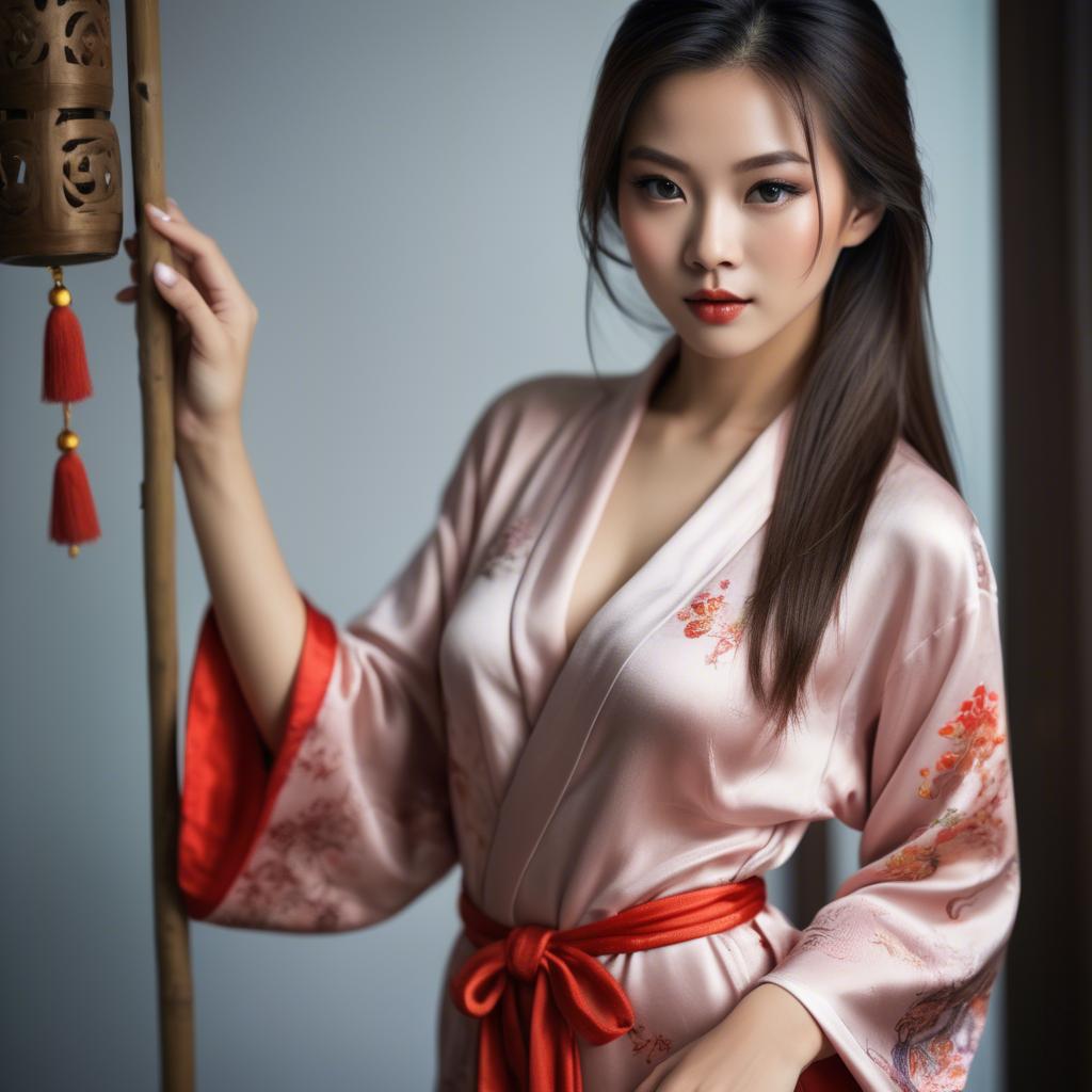 A stunning image of asian beauty, seductive pose in traditional silk robe.
