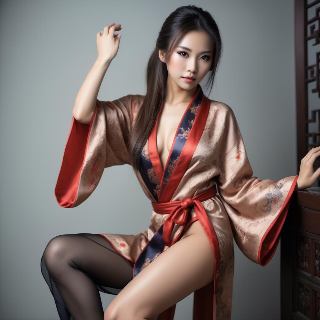 A stunning image of asian beauty, seductive pose in traditional silk robe.