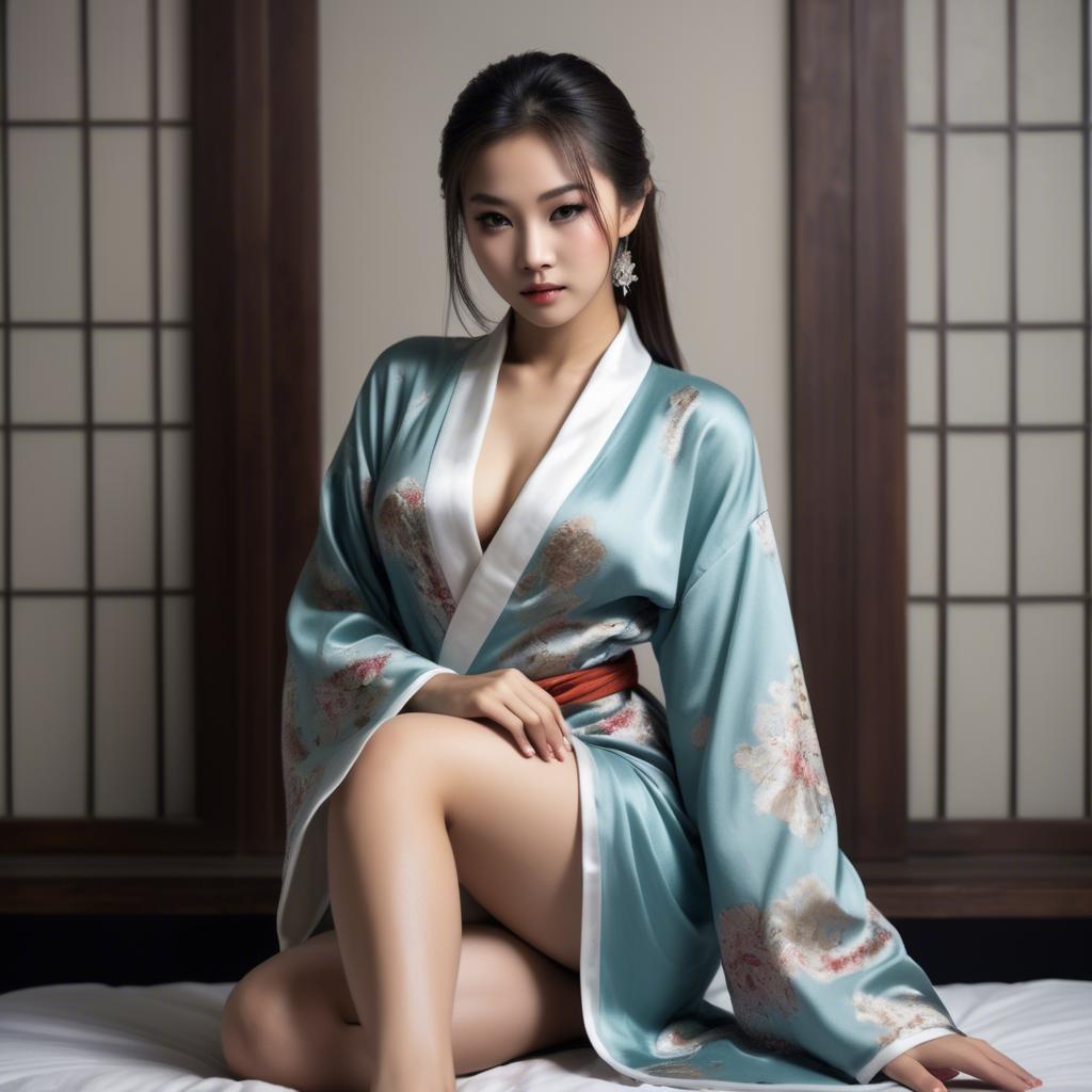 A stunning image of asian beauty, seductive pose in traditional silk robe.