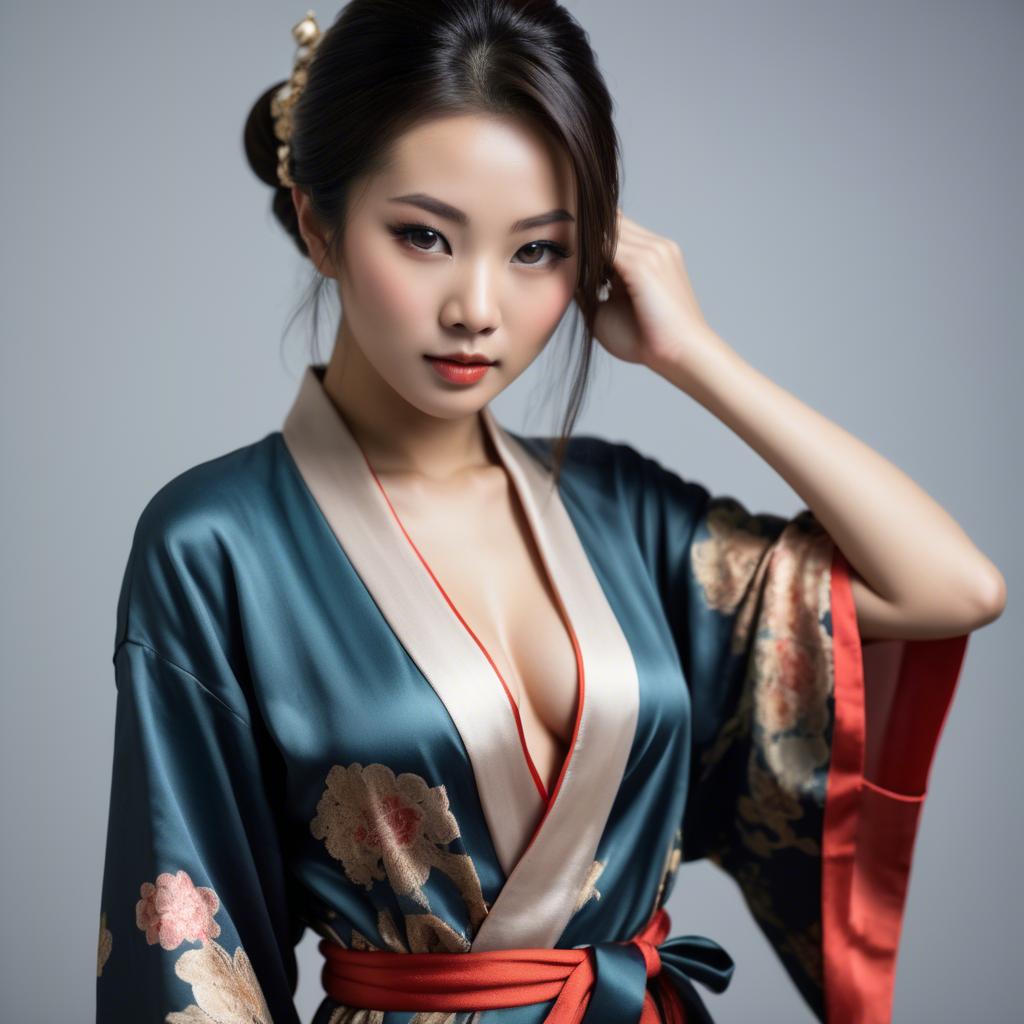 A stunning image of asian beauty, seductive pose in traditional silk robe.