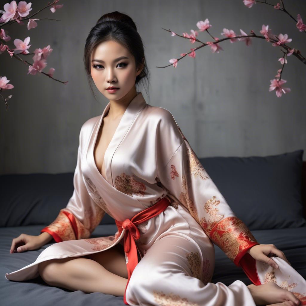 A stunning image of asian beauty, seductive pose in traditional silk robe.