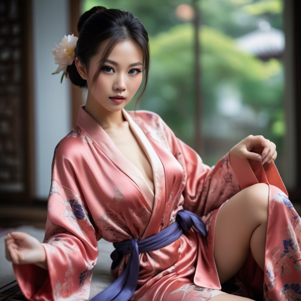 A stunning image of asian beauty, seductive pose in traditional silk robe.