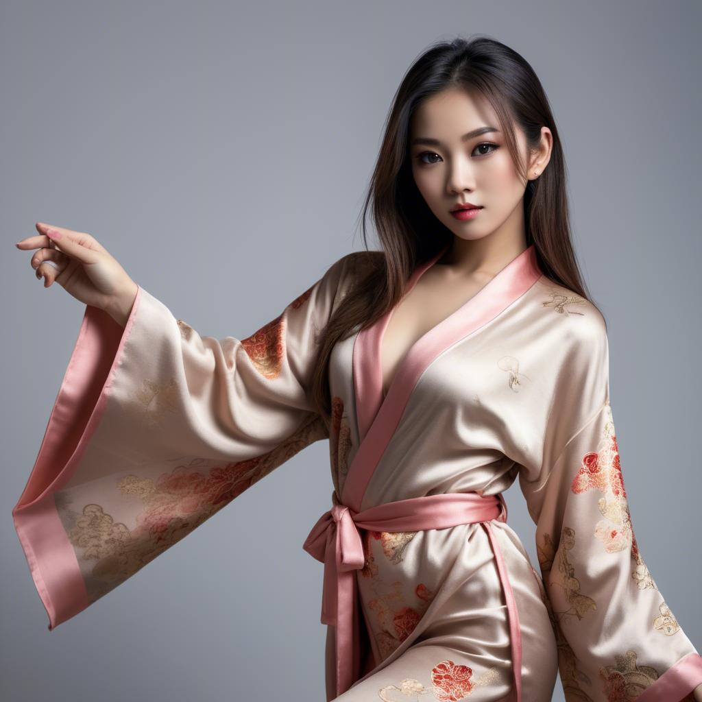 A stunning image of asian beauty, seductive pose in traditional silk robe.