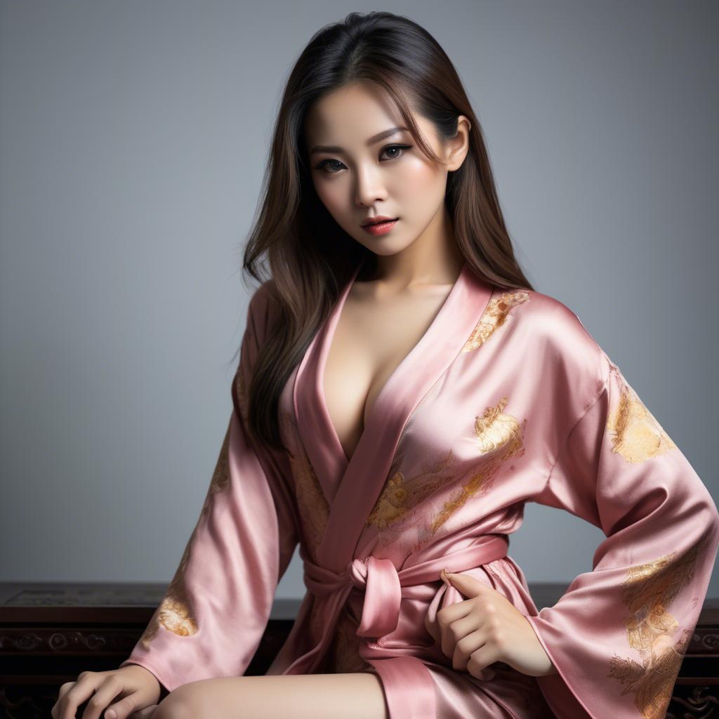 A stunning image of asian beauty, seductive pose in traditional silk robe.