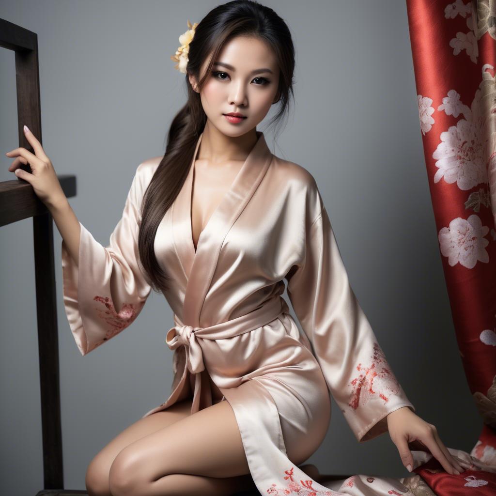A stunning image of asian beauty, seductive pose in traditional silk robe.