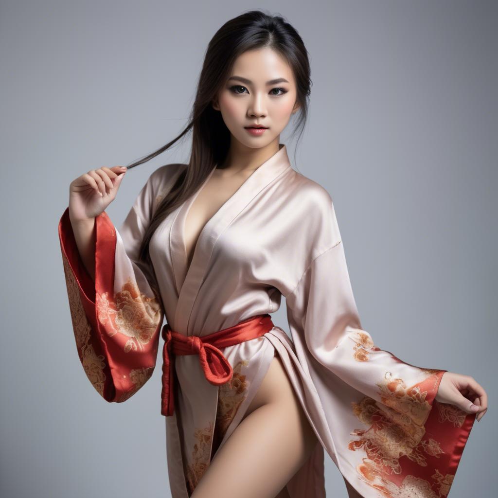 A stunning image of asian beauty, seductive pose in traditional silk robe.