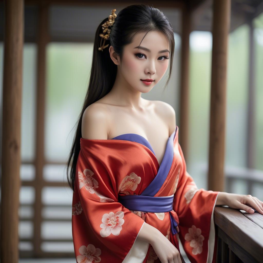 A stunning image of asian beauty, traditional silk robe slipping off shoulder.