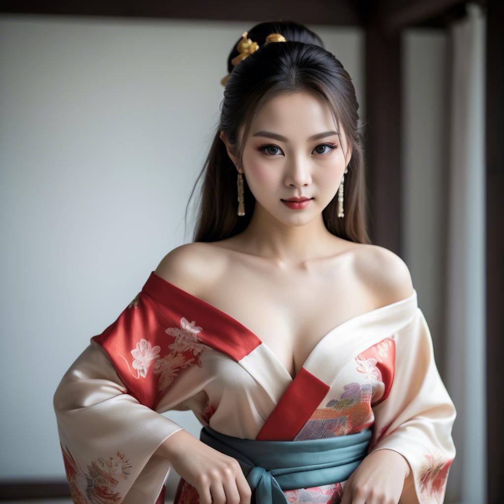 A stunning image of asian beauty, traditional silk robe slipping off shoulder.