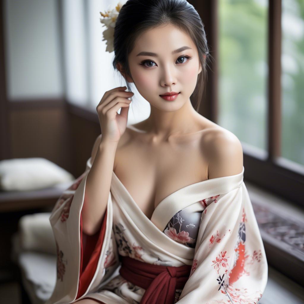 A stunning image of asian beauty, traditional silk robe slipping off shoulder.