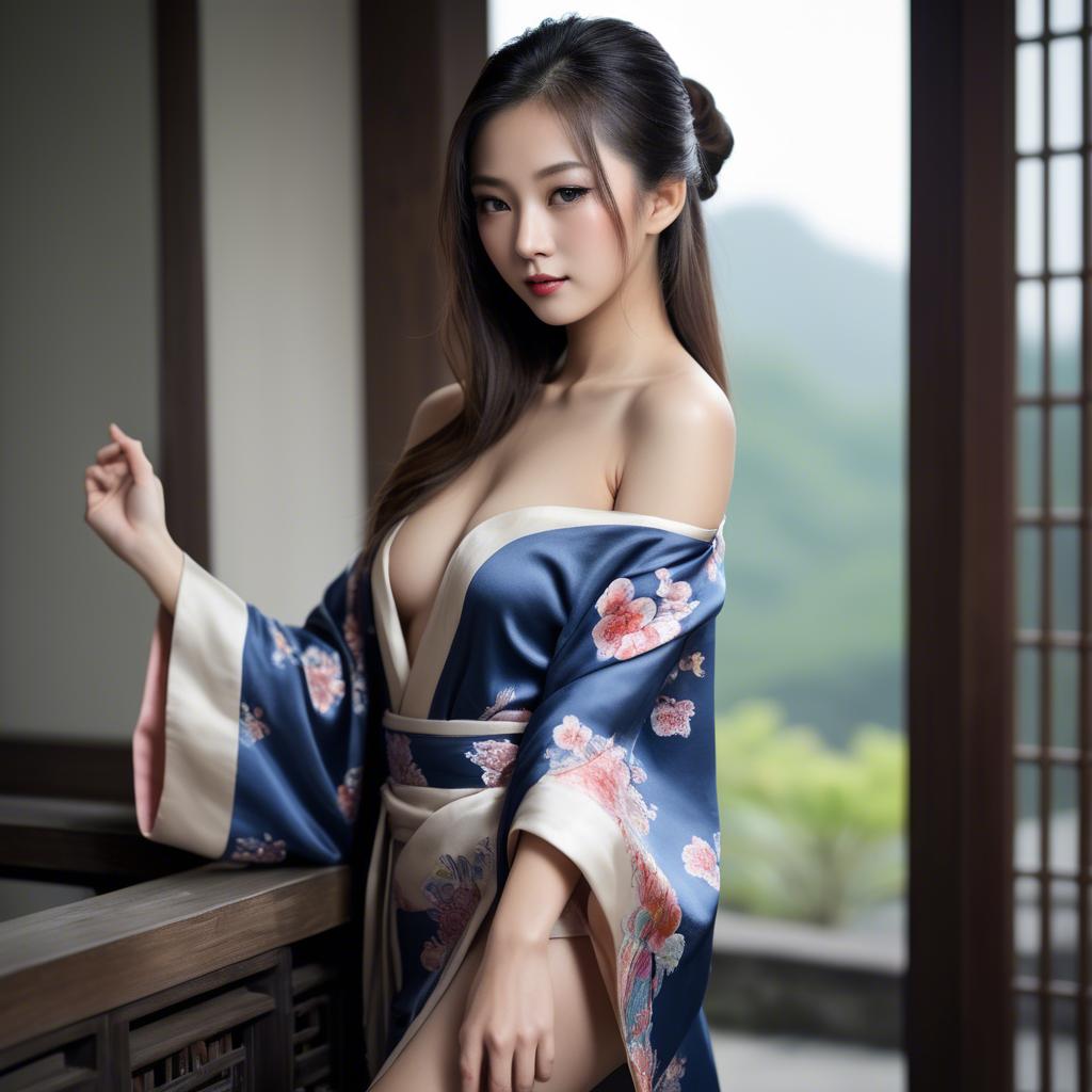 A stunning image of asian beauty, traditional silk robe slipping off shoulder.