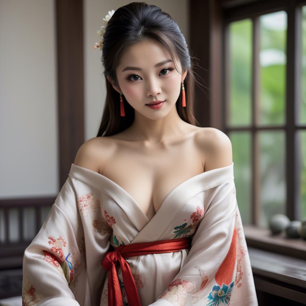 A stunning image of asian beauty, traditional silk robe slipping off shoulder.