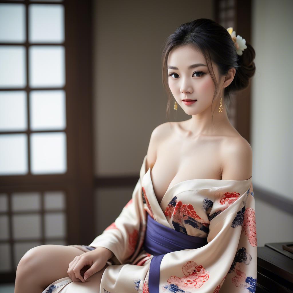 A stunning image of asian beauty, traditional silk robe slipping off shoulder.