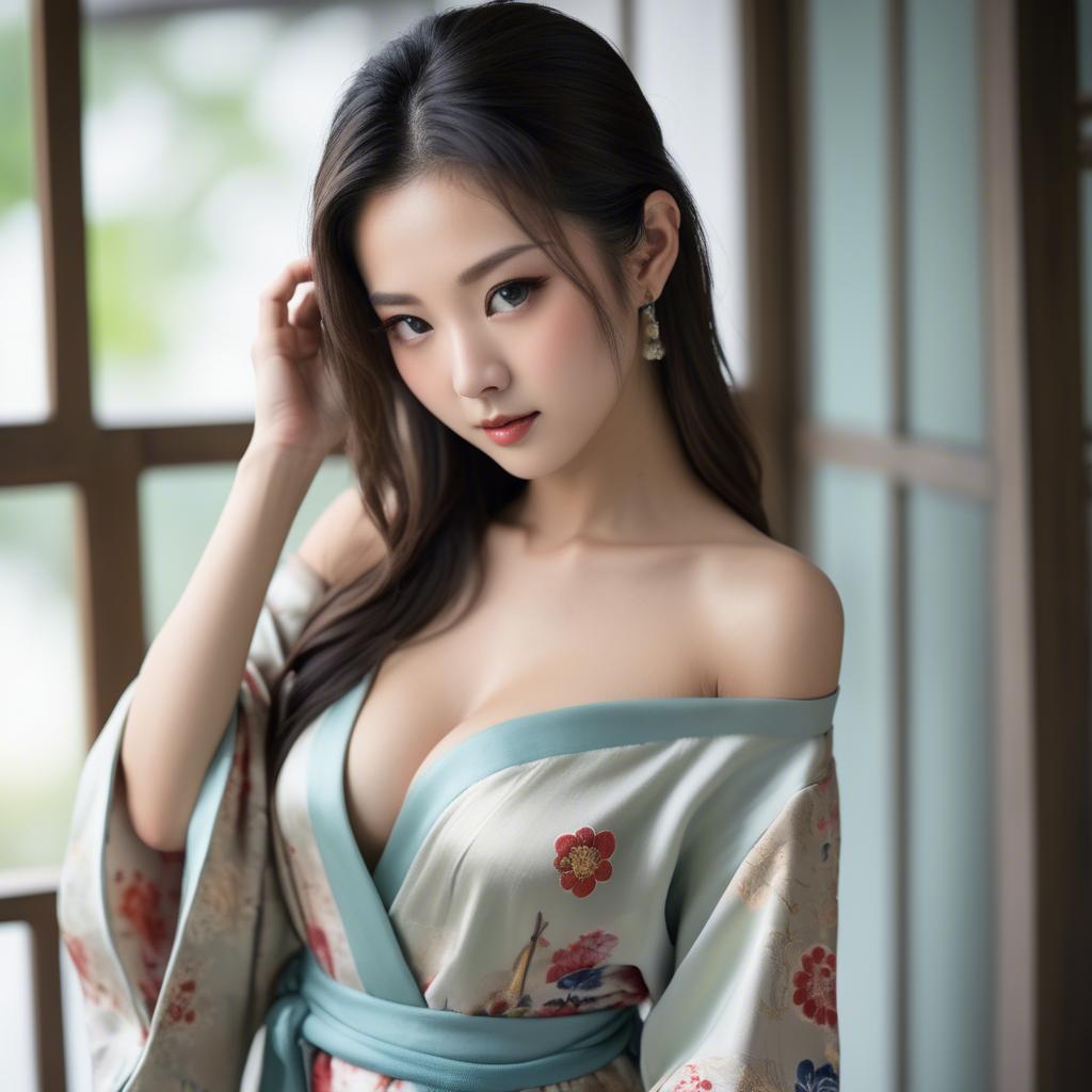 A stunning image of asian beauty, traditional silk robe slipping off shoulder.