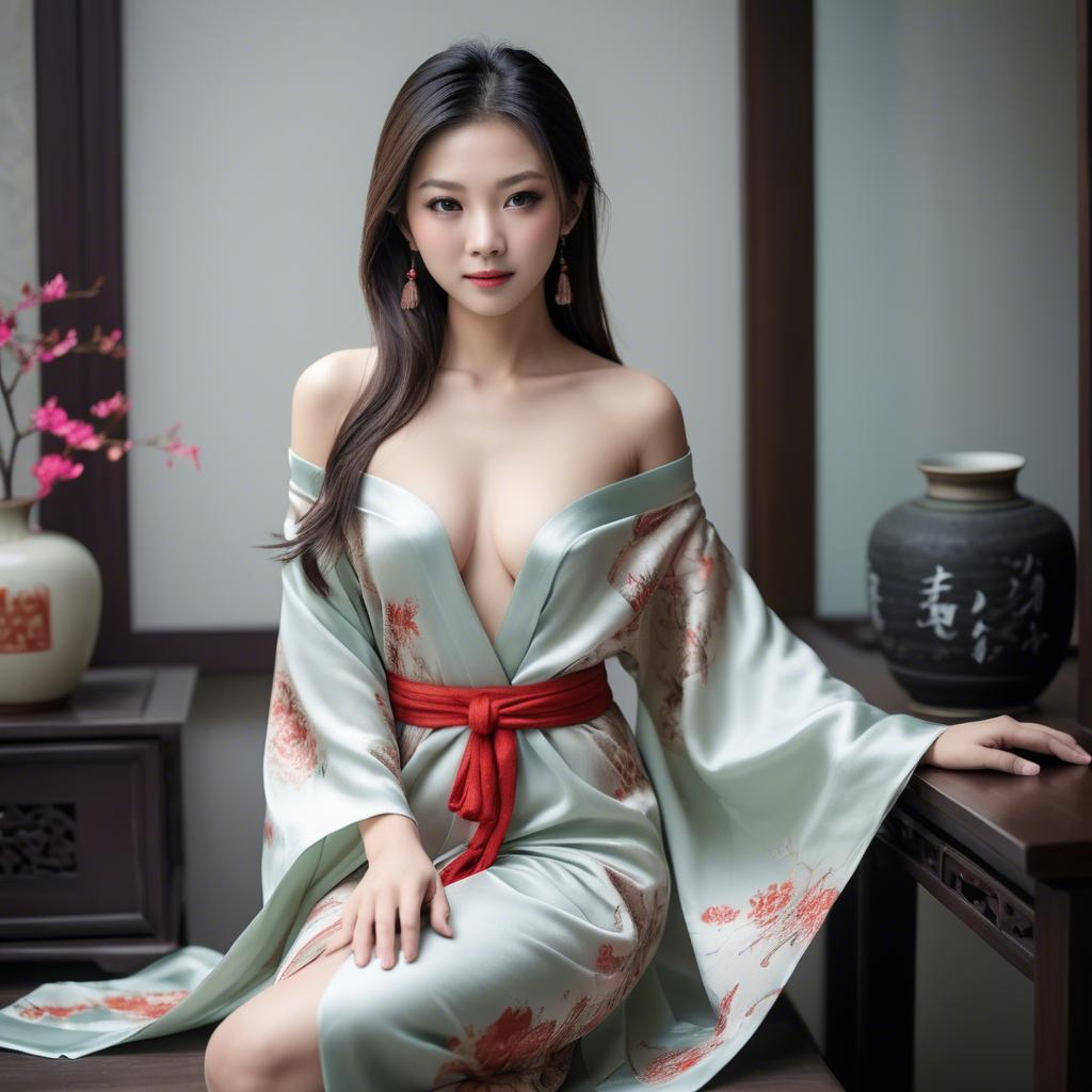 A stunning image of asian beauty, traditional silk robe slipping off shoulder.