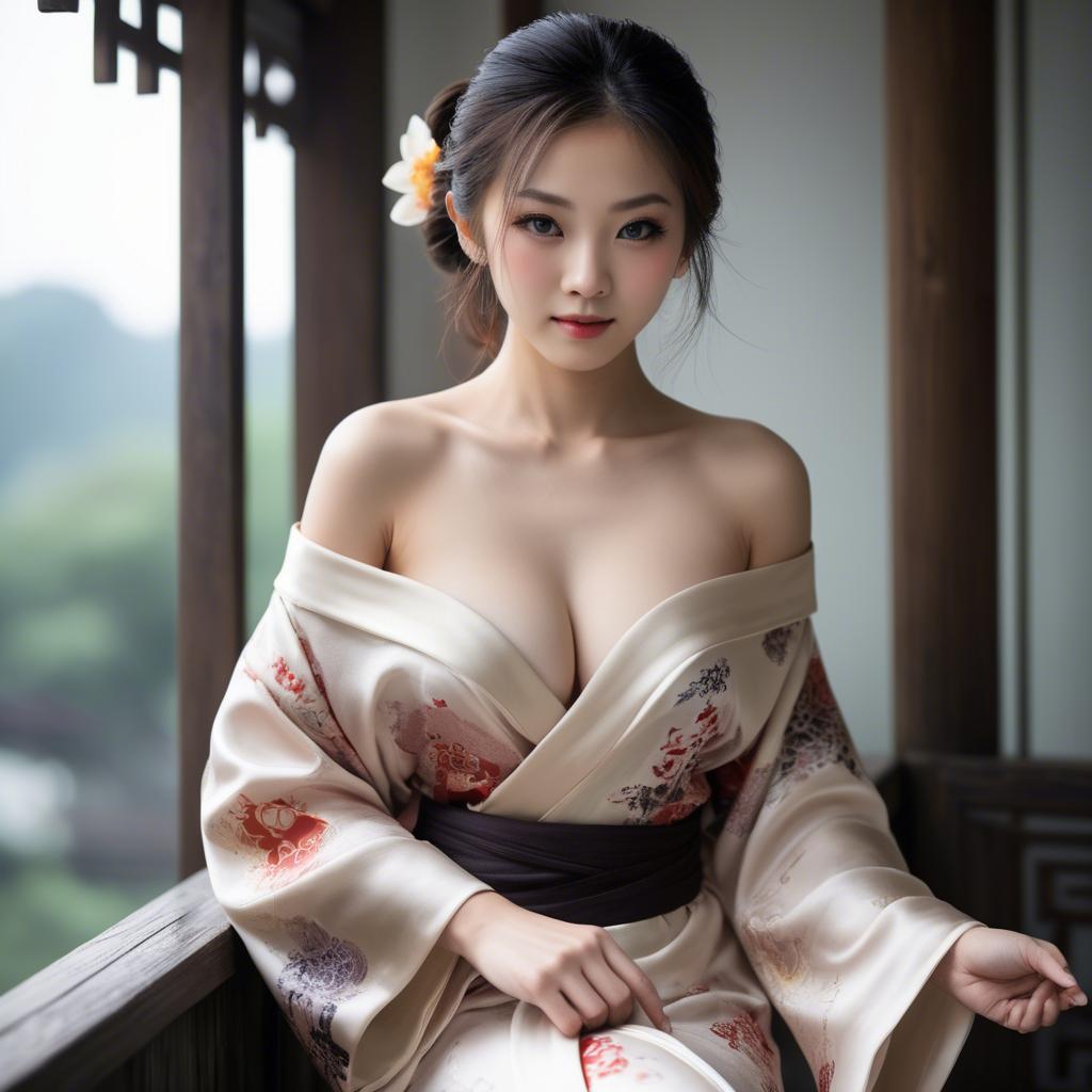 A stunning image of asian beauty, traditional silk robe slipping off shoulder.