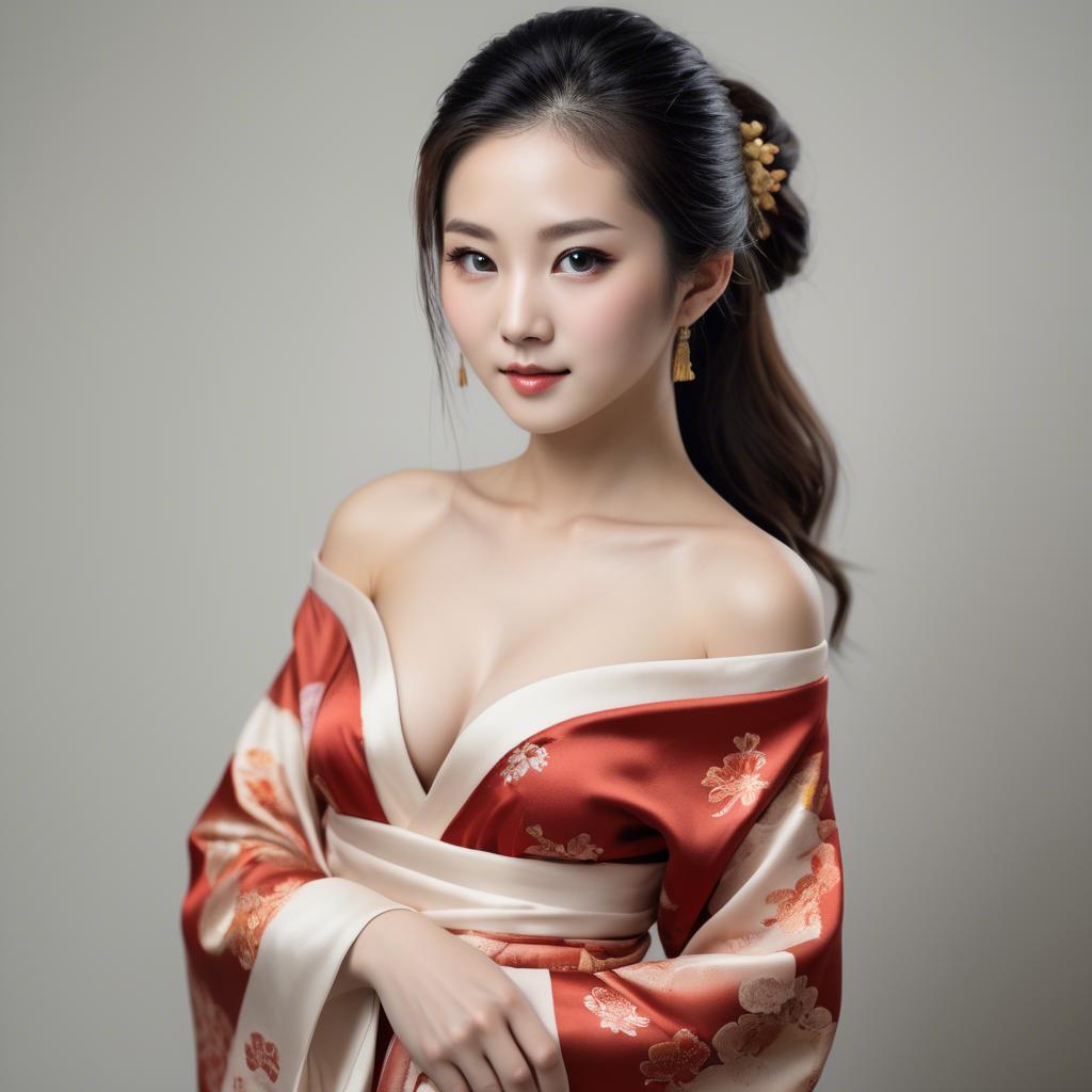 A stunning image of asian beauty, traditional silk robe slipping off shoulder.