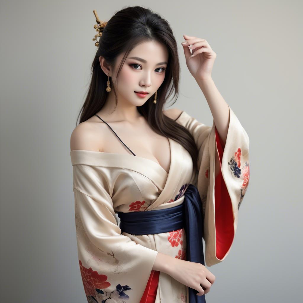 A stunning image of asian beauty, traditional silk robe slipping off shoulder.