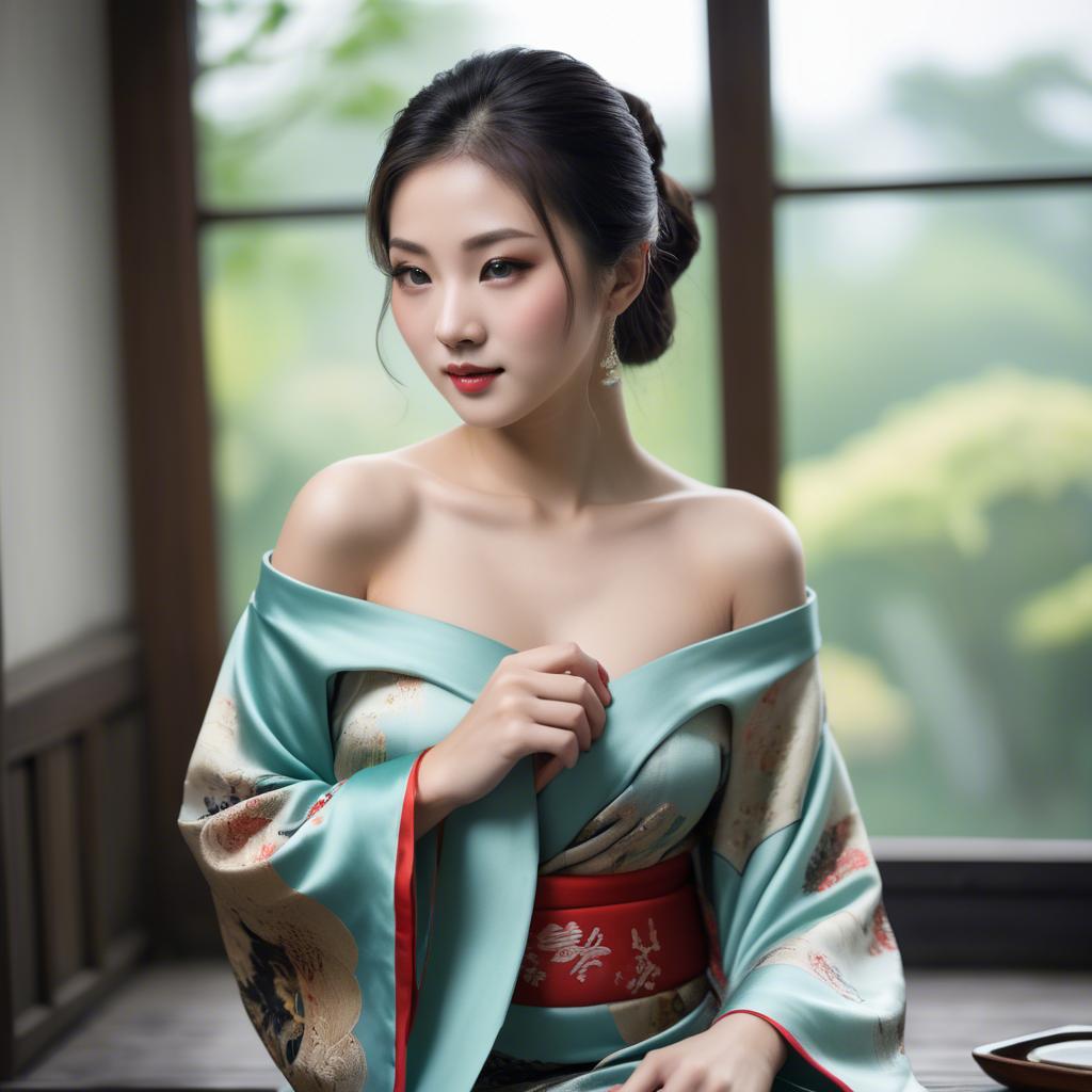A stunning image of asian beauty, traditional silk robe slipping off shoulder.