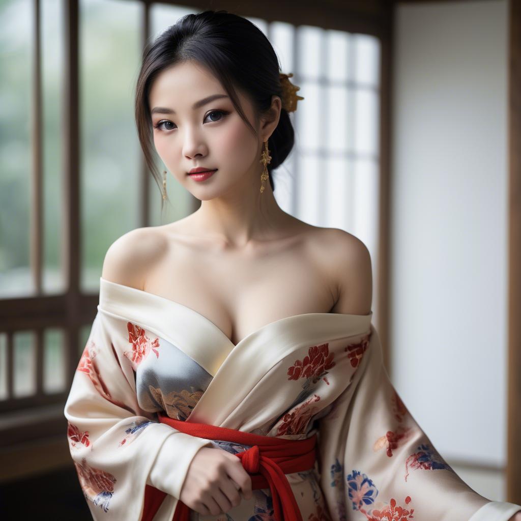 A stunning image of asian beauty, traditional silk robe slipping off shoulder.
