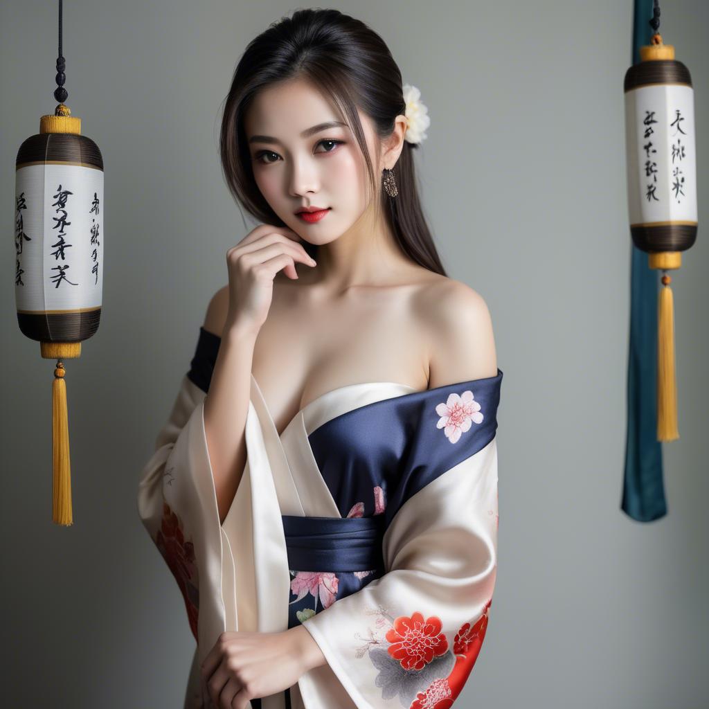A stunning image of asian beauty, traditional silk robe slipping off shoulder.