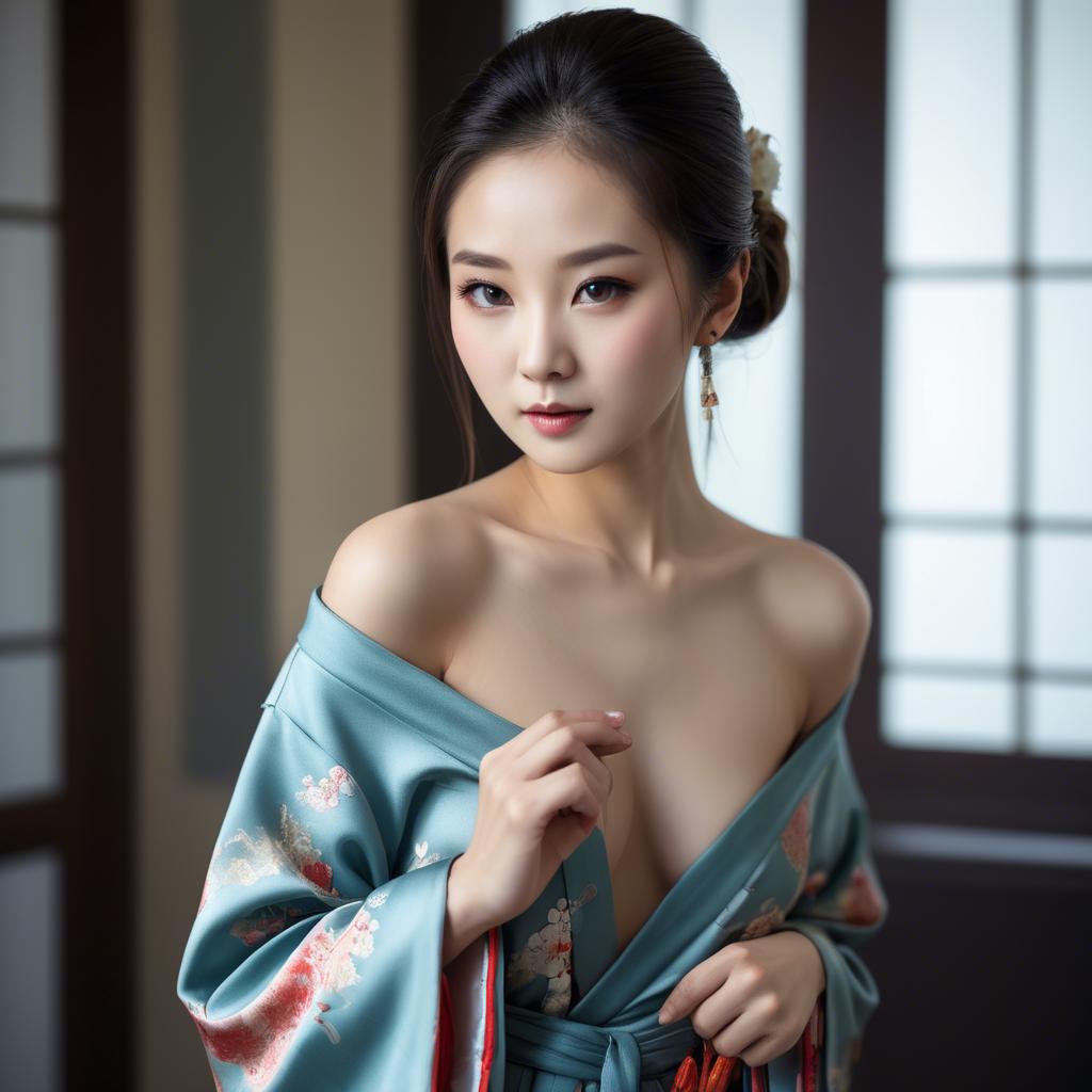 A stunning image of asian beauty, traditional silk robe slipping off shoulder.
