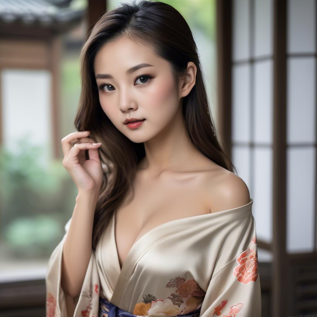 A stunning image of asian beauty, traditional silk robe slipping off shoulder.
