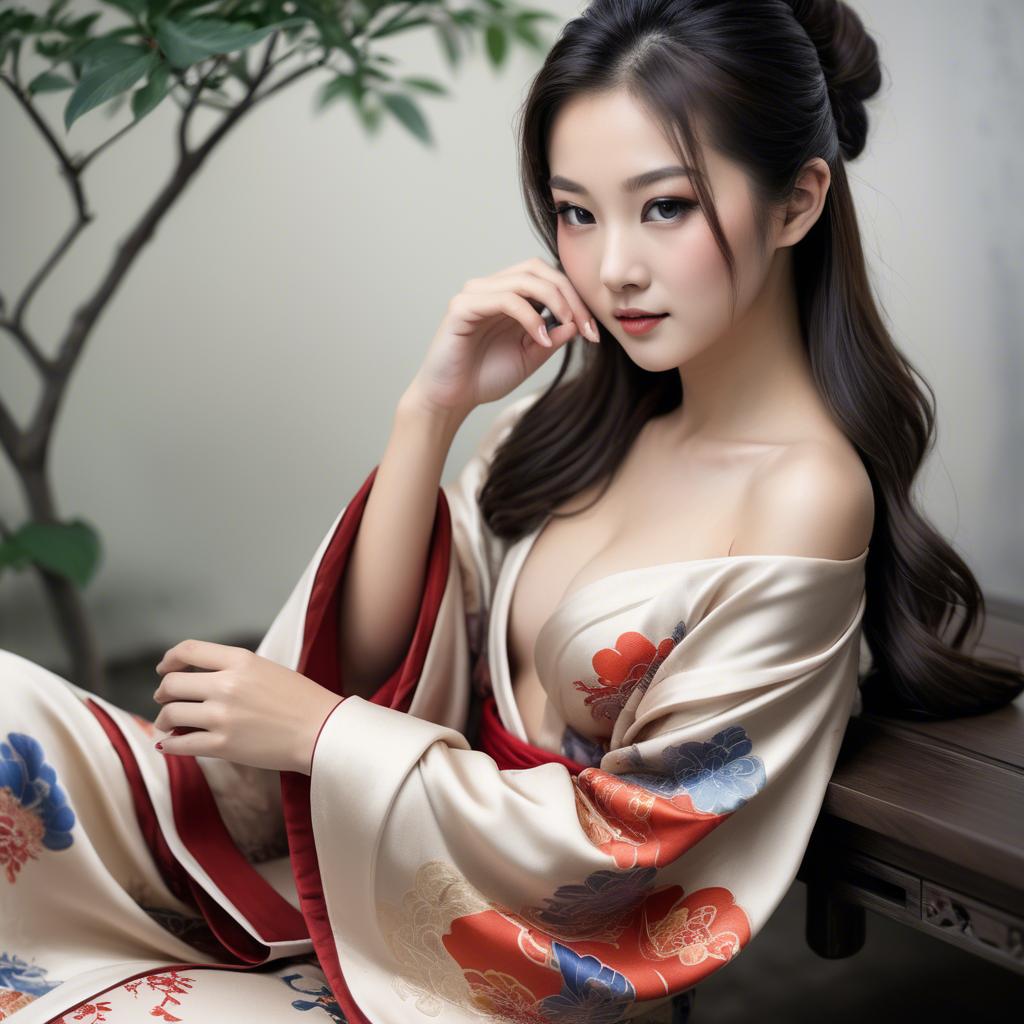 A stunning image of asian beauty, traditional silk robe slipping off shoulder.