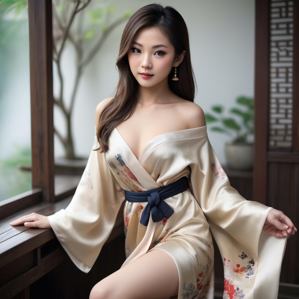 A stunning image of asian beauty, traditional silk robe slipping off shoulder.