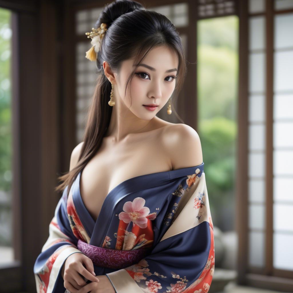 A stunning image of asian beauty, traditional silk robe slipping off shoulder.