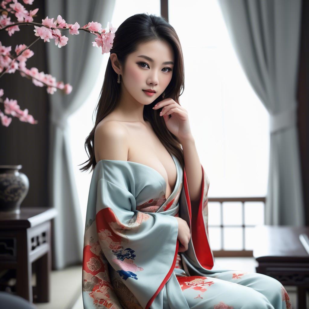 A stunning image of asian beauty, traditional silk robe slipping off shoulder.