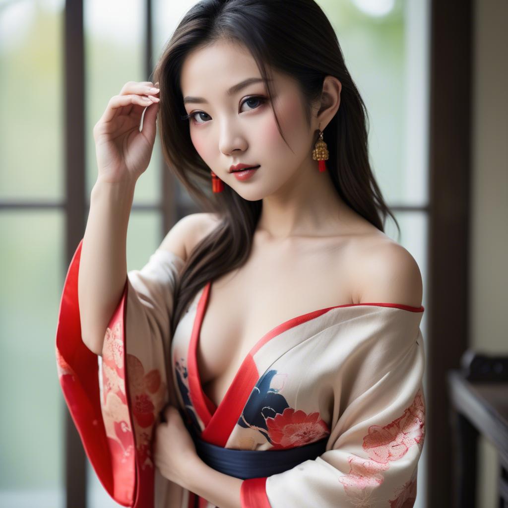 A stunning image of asian beauty, traditional silk robe slipping off shoulder.