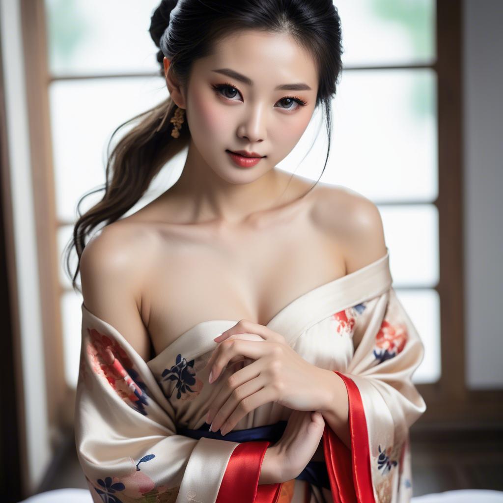 A stunning image of asian beauty, traditional silk robe slipping off shoulder.