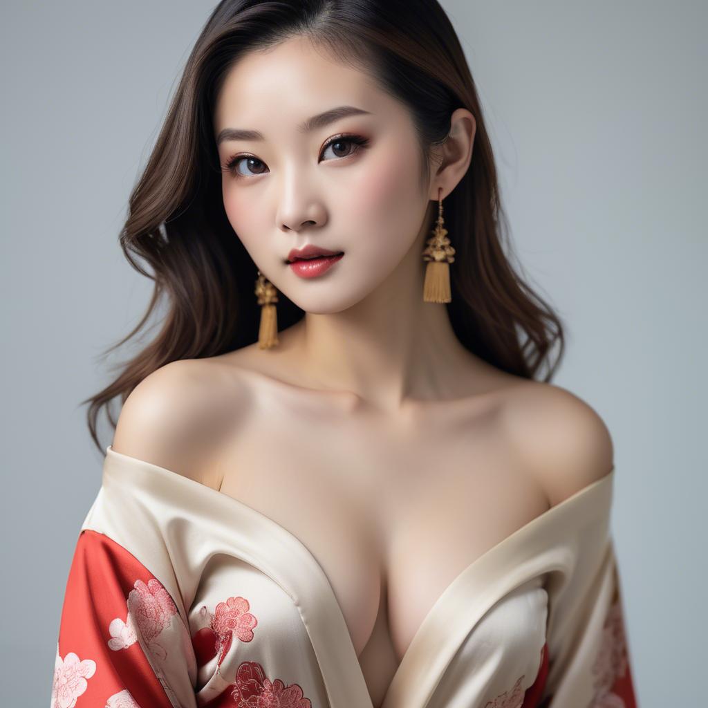 A stunning image of asian beauty, traditional silk robe slipping off shoulder.